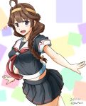  absurdres ahoge artist_name black_serafuku black_shirt black_skirt braid brown_hair cosplay cowboy_shot dated double_bun gold_hairband hair_bun hair_over_shoulder hairband heart highres hiqu kantai_collection kongou_(kancolle) long_hair looking_at_viewer neckerchief outstretched_arms pleated_skirt purple_eyes red_neckerchief sailor_collar school_uniform serafuku shigure_(kancolle) shigure_(kancolle)_(cosplay) shirt single_braid skirt smile white_sailor_collar 