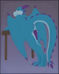  4:5 absurd_res anthro anus blue_body blue_scales dragon ether_(dragon) genitals gothicsiamese green_eyes hi_res horn knot looking_at_viewer looking_back looking_back_at_viewer male multi_genitalia multi_knot penis purple_anus purple_horn purple_penis scales slit solo tail wings 