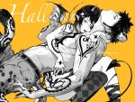  1boy 1girl arm_tattoo bags_under_eyes black_hair black_nails chest_tattoo claws demon_girl demon_tail demon_wings denim dual_persona earrings fangs from_side genderswap genderswap_(mtf) greyscale_with_colored_background hair_ornament halloween highres hug jeans jewelry jyukawa one_piece pants pointy_ears short_hair shoulder_tattoo sideburns single_thighhigh snow_leopard tail tattoo thighhighs topless_male trafalgar_law wings yellow_background yellow_eyes 
