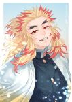  1boy blonde_hair demon_slayer_uniform forked_eyebrows highres japanese_clothes kimetsu_no_yaiba long_hair long_sleeves looking_at_viewer male_focus multicolored_hair red_hair remsor076 rengoku_kyoujurou smile solo teeth two-tone_hair 