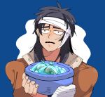  1boy bags_under_eyes bandaged_hand bandaged_head bandages black_eyes black_hair blue_background brown_jacket bucket commentary_request crying crying_with_eyes_open holding holding_bucket ice ice_cube inudori itou_kaiji jacket kaiji long_hair looking_at_viewer male_focus medium_bangs open_mouth sad scar scar_on_cheek scar_on_face severed_ear severed_finger solo tears upper_body 