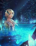  1boy black_overalls blonde_hair blue_eyes chain_necklace commentary_request final_fantasy final_fantasy_x highres in_water jewelry male_focus necklace night overalls short_hair signature tidus tree warori_anne water wet 