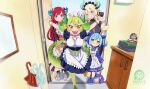  4girls blonde_hair blue_eyes blue_hair book breasts chamber_dragonmaid cool-kyou_shinja_(style) cupboard derivative_work door dragon_girl dragon_horns dragon_tail green_eyes green_hair hair_flaps height_difference horns kitchen_dragonmaid kobayashi-san_chi_no_maidragon large_breasts laundry_dragonmaid long_hair looking_at_viewer maid maid_headdress medium_breasts midnite_dreams multiple_girls open_door orange_eyes parlor_dragonmaid parody red_hair style_parody tail umbrella very_long_hair wa_maid watermark yu-gi-oh! 