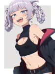  1girl absurdres bare_shoulders belt blue_eyes blunt_bangs blush braided_hair_rings breasts cleavage_cutout clothing_cutout crop_top fangs grey_hair gyorui_(katsuwo_drawing) hair_rings highres jacket micro_shorts nanakusa_nazuna_(yofukashi_no_uta) navel off_shoulder open_clothes open_jacket open_mouth ringed_eyes shorts sleeveless sleeveless_turtleneck small_breasts smile solo teeth turtleneck two-tone_background vampire yofukashi_no_uta 