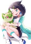  1girl ;d black_hair black_shorts blush chitozen_(pri_zen) coat commentary_request eyelashes green_coat green_eyes hair_ornament hairclip highres liko_(pokemon) medium_hair on_lap one_eye_closed open_clothes open_coat open_mouth pokemon pokemon_(creature) pokemon_(game) pokemon_on_lap pokemon_sv shirt shoes shorts sleeves_past_elbows smile socks sprigatito teeth tongue twitter_username upper_teeth_only watermark white_footwear white_shirt white_socks 