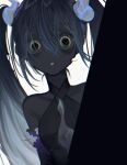  1girl bags_under_eyes blue_hair detached_arm digital_dissolve dilated_pupils ghost_miku_(project_voltage) glitch grey_shirt hair_between_eyes hatsune_miku highres horror_(theme) long_hair looking_at_viewer muted_color nagata_3 necktie pale_skin parted_lips peeking_out pokemon project_voltage shirt skinny solo triangle_mouth twintails upper_body vocaloid white_background white_necktie yellow_eyes 