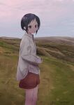  1girl absurdres alternate_costume black_eyes black_hair camera cloud cloudy_sky collared_shirt commentary_request expressionless feet_out_of_frame from_side grass highres hill holding holding_camera horizon kurosaki_honoka long_sleeves looking_at_viewer looking_to_the_side outdoors parted_lips red_shorts s_hoji_(lagh) shirt short_hair shorts sky solo standing twilight white_shirt yama_no_susume 