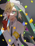  1girl arm_behind_back black_necktie buttons collared_shirt commentary_request confetti electric_miku_(project_voltage) eyelashes genjitsu_o_miro gloves green_eyes green_hair grin hand_up hat hatsune_miku highres index_finger_raised long_hair long_sleeves looking_at_viewer necktie one_eye_closed pokemon project_voltage red_gloves shirt smile solo teeth upper_body vocaloid white_headwear 