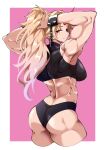  1girl back blonde_hair breasts crop_top cuffs fugaku_(miko_no_miyatsuguchi) highres horns hoshiguma_yuugi large_breasts long_hair looking_back muscular muscular_female pink_background pointy_ears ponytail red_eyes touhou 