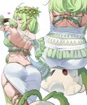  &gt;_&lt; 1girl 1other ass ass_focus back backless_dress backless_outfit bare_shoulders breasts closed_eyes commission dress elf from_behind green_eyes green_hair hair_ornament highres huge_ass large_breasts long_hair looking_at_viewer looking_back nia_(nia4294) open_mouth original pointy_ears sideboob simple_background sitting sitting_on_face sitting_on_head sitting_on_person thighs 
