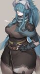  1girl absurdres blue_eyes blue_hair blue_scarf breasts brown_dress commentary_request dress furry furry_female gauntlets grey_background grey_headwear grey_horns hair_over_one_eye head_scarf highres horns large_breasts long_hair looking_at_viewer original scarf simple_background solo suurin_(ksyaro) thick_thighs thighs twitter_username 