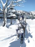  1girl asirpa bare_tree blue_eyes blue_sky blush bow bow_(weapon) clothing_request commentary_request day earrings full_body golden_kamuy hand_up holding holding_bow_(weapon) holding_weapon hoop_earrings jacket jewelry long_sleeves looking_at_viewer outdoors sky snow solo tree walking weapon white_footwear white_jacket winter_clothes yorha_2b2e 