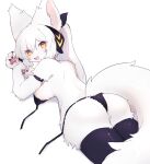  1girl :d animal_ears ass bikini body_fur breasts furry furry_female highres large_breasts looking_back lying on_stomach original pemi_(spommmm) ponytail smile solo swimsuit tail thighhighs untied_bikini white_background white_hair yellow_eyes 