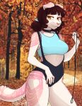  2018 ailith_(nicoya) amber_eyes anthro autumn bangs biped black_collar blue_clothing blue_topwear bottomwear breasts brown_hair clothed clothing collar digital_media_(artwork) female folded_ears fur hair heart_(marking) hi_res holding_own_leash leash leash_and_collar mammal outside pink_body pink_fur pink_nose plant portrait shaded solo standing tail three-quarter_portrait topwear tree zyira 
