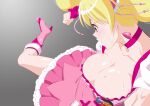  1girl blonde_hair boots breasts choker cleavage collarbone cure_peach earrings fresh_precure! fuchi_(nightmare) gradient_background grey_background hair_ornament heart heart_earrings heart_hair_ornament high_heel_boots high_heels jewelry kicking knee_boots large_breasts long_hair magical_girl momozono_love pink_choker pink_eyes pink_footwear pink_skirt precure shirt skirt solo white_shirt 