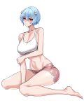  1girl absurdres ayanami_rei barefoot between_legs blue_hair blush breasts cleavage collarbone commentary_request commission dogs_(dlrkdejr26) dolphin_shorts feet full_body hair_ornament hand_between_legs highres korean_commentary large_breasts light_blue_hair long_hair looking_at_viewer medium_hair navel neon_genesis_evangelion parted_lips pink_shorts red_eyes shorts sitting solo tank_top thighs transparent_background very_long_hair wariza white_tank_top 