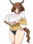  1girl :d animal_ears blush breasts brown_eyes brown_hair button_gap commentary_request copyright_request cowboy_shot deep_skin grin hair_over_one_eye highres horns huge_breasts off_shoulder okamura_(okamura086) shirt simple_background skindentation smile solo sweater tail thighs white_background white_shirt wing_collar yellow_sweater 