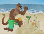  anthro beach clothing domestic_cat felid feline felis jackaloo jesse_cat male mammal sand_castle sculpture sea seashell seaside seaweed shell solo swimming_trunks swimwear water 