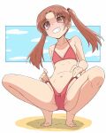  1girl bikini brown_eyes brown_hair flat_chest girls_und_panzer grin highres kadotani_anzu medium_hair red_bikini renshiu sand smile split spread_legs swimsuit twintails 