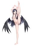  1girl absurdres alenx_kevin asymmetrical_bangs barefoot black_hair black_wings blue_archive blue_eyes blush breasts commentary_request completely_nude cropped_shirt flexible full_body hair_ornament hairclip hand_on_own_foot highres ichika_(blue_archive) leg_lift long_hair looking_at_viewer low_wings medium_breasts navel nipples nude parted_lips pussy smile solo split standing standing_on_one_leg standing_split uncensored underboob variant_set wings 