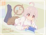  1girl ahoge bangs black_pantyhose commentary copyright_name couch dated feet_up framed full_body grey_hair hair_between_eyes handheld_game_console head_rest holding holding_handheld_game_console indoors long_hair long_sleeves lying male-female_symbol no_shoes on_stomach onii-chan_wa_oshimai! outline oyama_mahiro pantyhose peiyuan_yuuya pink_hair shirt solo timestamp white_outline white_shirt 
