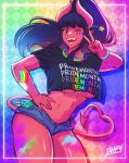  1girl artist_name black_hair blunt_bangs breasts commentary cowboy_shot cropped_shirt demon_girl demon_horns demon_tail denim denim_shorts fangs hand_on_own_hip heart highres horns iahfy large_breasts navel one_eye_closed open_mouth original pointy_ears ponytail pride_month rainbow_flag short_shorts short_sleeves shorts solo star_(symbol) symbol-only_commentary synth_(iahfy) tail teeth tongue underboob v watermark 