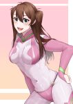  1girl :d absurdres akine_ritsuko ao_no_orchestra blue_eyes bodysuit breasts brown_hair covered_navel gradient_background hair_between_eyes hand_on_own_hip highres jarikama leaning_forward long_hair medium_breasts o-ring pink_background pink_bodysuit smile solo standing 