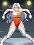  1girl breasts commission gloves highres large_breasts mattyakinako_(odango_imomushi) multicolored_clothes multicolored_swimsuit red_eyes sakata_nemuno skeb_commission solo sweat swimsuit thighs touhou touhou_tag_dream white_footwear white_gloves white_hair wrestling_boots wrestling_outfit wrestling_ring 