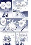  aira_kokonatsu ambiguous_gender anthro beach canid canine canis clothed clothing comic domestic_dog english_text female fishing fishing_rod gen_kiryu group hand_holding hi_res human human_on_anthro interspecies male mammal monochrome popwitter_ox romantic romantic_couple seaside senri_ooedo text translated water wolf 