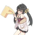  1girl 1other aa211108 black_hair black_skirt blush fur-trimmed_jacket fur_trim hand_in_pocket idolmaster idolmaster_cinderella_girls jacket jacket_partially_removed looking_at_another matoba_risa off-shoulder_shirt off_shoulder p-head_producer pinching pleated_skirt producer_(idolmaster) shirt simple_background skirt smile twintails white_background 