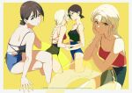  2girls back bare_shoulders blonde_hair braid breasts brown_eyes brown_hair cleavage closed_mouth collarbone crossed_legs dot_nose fingernails hand_on_ground hand_on_own_shoulder head_on_hand highres holding holding_another&#039;s_arm holding_innertube innertube k_(kamo_kamen) kamo_kamen large_breasts leaning_forward looking_at_another looking_at_viewer m_(kamo_kamen) multiple_girls nail_polish open_mouth parted_bangs ponytail short_ponytail simple_background sitting swimsuit yellow_background 