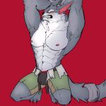  anthro blush bodily_fluids bottomwear bulge canid canine canis clothed clothing hi_res humanoid league_of_legends looking_at_viewer male mammal muscular muscular_male nipples open_bottomwear open_clothing open_pants pants pecs riot_games scar solo warwick_(lol) warwickislovely wolf 