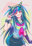  1girl absurdres barbed_wire black_hair blue_hair breasts collarbone contrapposto danganronpa_(series) danganronpa_2:_goodbye_despair green_hair green_sailor_collar green_skirt grin hair_horns hand_up highres large_breasts long_hair looking_at_viewer miniskirt mioda_ibuki multicolored_background multicolored_hair pink_hair pleated_skirt red_eyes sailor_collar scrunchie short_sleeves skirt smile solo teeth w white_hair wrist_scrunchie youko-shima 