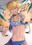  1boy animal_ears aqua_eyes arm_up artist_name bishounen blue_vest commission cowboy_shot dark-skinned_male dark_skin from_above gold_necklace gold_trim hair_between_eyes highres jewelry light_brown_hair lion_boy lion_cub lion_ears lying male_focus navel necklace on_back on_ground one_eye_closed open_mouth original potti-p shadow skeb_commission stomach strapless teeth tube_top upper_teeth_only vest watermark 