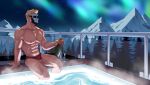  1boy abs absurdres aurora bara blonde_hair bottle bulge cup drinking_glass feet_out_of_frame hand_on_floor highres indie_virtual_youtuber large_pectorals looking_to_the_side male_focus male_swimwear mask masked_himbo_(silvyspark) mondoart1 mountainous_horizon muscular muscular_male navel night night_sky nipples pectorals poolside red_male_swimwear second-party_source short_hair sitting sky soaking_feet solo stomach swim_briefs thick_thighs thighs topless_male wine_bottle wine_glass 