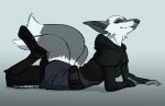  3_tails anthro arm_support belt belt_pouch black_clothing black_nose black_topwear bottomwear canid canine cheek_tuft clothed clothing digital_media_(artwork) ears_back ears_down facial_tuft feet_up female footwear fox fur fuzzamorous gradient_background grey_body grey_fur grin half-closed_eyes hoodie leaning_on_elbow looking_back lying mammal multi_tail multicolored_body narrowed_eyes open_mouth pants pivoted_ears plantigrade shaded simple_background simple_shading smile smug solo tail tamiko_(mcwatt) teeth topwear tuft two_tone_body unsigned white_body white_fur 