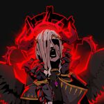  1girl absurdres black_wings condemned_darklord darkest_dungeon dress duel_monster feathered_wings gauntlets grey_hair hair_over_one_eye halo hands_up highres long_sleeves open_mouth parody red_halo ro_g_(oowack) shaded_face solo style_parody wide_sleeves wings yu-gi-oh! 