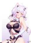  1girl ;3 absurdres ahoge animal_ear_fluff animal_ears artist_name bare_shoulders black_ribbon breasts cat_ears cat_girl cat_tail commission ear_piercing elbow_gloves facial_mark girarikyo gloves hair_ribbon heart heart_hands highres indie_virtual_youtuber leotard navel one_eye_closed piercing purple_eyes purple_hair ribbon shyrei_faolan solo tail tail_ornament tail_ribbon tongue torn_clothes torn_leotard triangle_hair_ornament two-tone_gloves virtual_youtuber 