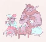  ambiguous_gender anthro arm_hair beard beverage body_hair braided_hair bugbear chest_hair clothing container cup duo elf facial_hair furniture hair hat headgear headwear humanoid humanoid_pointy_ears klaarg male mcelroy_brothers scar sitting specialsari taako table tea tea_cup the_adventure_zone underbite witch_hat 