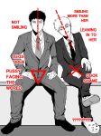  2boys absurdres crossed_legs english_text expressionless formal full_body highres laithraihan long_sleeves looking_at_viewer meme mob_psycho_100 monochrome multiple_boys parody photo-referenced reigen_arataka serizawa_katsuya short_hair sitting spread_legs suit triangle will_smith 