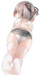  1girl ass black_ribbon brown_hair comah hair_ribbon highres looking_away looking_to_the_side lying no_pants no_shoes on_stomach original panties red_eyes ribbon shirt simple_background soles solo striped striped_panties thighhighs two_side_up underwear vertical-striped_panties vertical_stripes white_background white_shirt white_thighhighs 