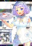  1girl ahoge amiya_aranha blue_eyes blurry blurry_background breasts commentary_request commission cup depth_of_field dress extra_eyes frilled_dress frilled_hairband frills hairband holding holding_tray indie_virtual_youtuber kou_hiyoyo letterboxed medium_breasts open_mouth purple_hair saucer skeb_commission sleeveless sleeveless_dress solo spoon tea teacup tray virtual_youtuber white_dress 