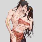  1boy 1girl artist_request bare_shoulders black_hair cai_lin_(doupo_cangqiong) closed_eyes couple doupo_cangqiong grey_background hair_ornament hair_tie hand_on_another&#039;s_thigh hand_on_another&#039;s_waist long_hair navel parted_lips pointy_ears ponytail red_nails red_skirt red_tank_top skirt tank_top teeth third-party_source xiao_yan_(doupo_cangqiong) 