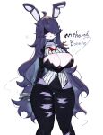  animal_ears bonnie_(fnaf) bow bowtie breasts choker cleavage colored_skin corset highres large_breasts long_hair no_eyes pants purple_skin rabbit_ears red_bow red_bowtie shaded_face thick_thighs thighs togetoge torn_clothes very_long_hair wire 