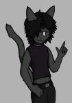  3_fingers :3 anthro belt clothed clothing collar felid feline female fingers gesture hair humanoid mammal pointing pointing_up shirt simple_background simple_eyes strangertimes tail tank_top topwear 