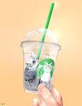  animal animal_focus black_nails cat commentary_request cup disposable_cup drinking_straw highres holding in_container in_cup logo_parody original signature starbucks utsusemi_rari yellow_background 