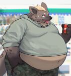  anthro belly beverage big_belly blonde_hair bodily_fluids brown_body brown_fur camo camo_clothing camo_print clothing fur hair hi_res hoodie hyena male mammal midriff moobs obese obese_male overweight overweight_male pattern_clothing red_eyes soda solo spots sweat sweatdrop taka_fin9623 tight_clothing tongue tongue_out topwear 