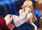  1girl blonde_hair blush breasts couch fate/apocrypha fate/grand_order fate_(series) glasses green_eyes highres long_hair looking_at_viewer lying mordred_(fate) mordred_(fate/apocrypha) on_side panties parted_bangs purple_panties shirt short_sleeves sidelocks small_breasts solo tonee underwear white_shirt 