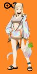  1girl absurdres arknights bag black_choker blonde_hair breasts choker cleavage crop_top full_body gradient_hair groceries highres holding holding_bag ifrit_(arknights) iridescent jacket long_hair looking_at_viewer medium_breasts multicolored_hair navel_piercing orange_eyes piercing plastic_bag rhine_lab_logo sandals solo vamjulian 