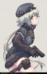  1girl arigatoner bandaid bandaid_on_face bandaid_on_nose beret black_gloves character_name cowboy_shot from_side fur-trimmed_jacket fur_trim girls&#039;_frontline gloves grey_background grey_hair gun handgun hat highres holding holding_gun holding_weapon holster hs2000 hs2000_(girls&#039;_frontline) jacket long_hair looking_at_viewer ponytail profile signature simple_background solo thigh_holster translation_request trigger_discipline very_long_hair weapon yellow_eyes 